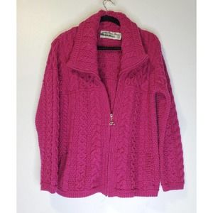 Aran Crafts Size L Merino Wool Pink Magenta Irish Sweater Zip Up Cardigan